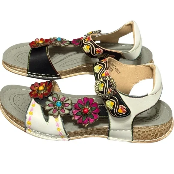 L'ARTISTE Nadira Genuine Leather Floral Embellished Strappy Comfortable Sandal - Picture 6 of 13